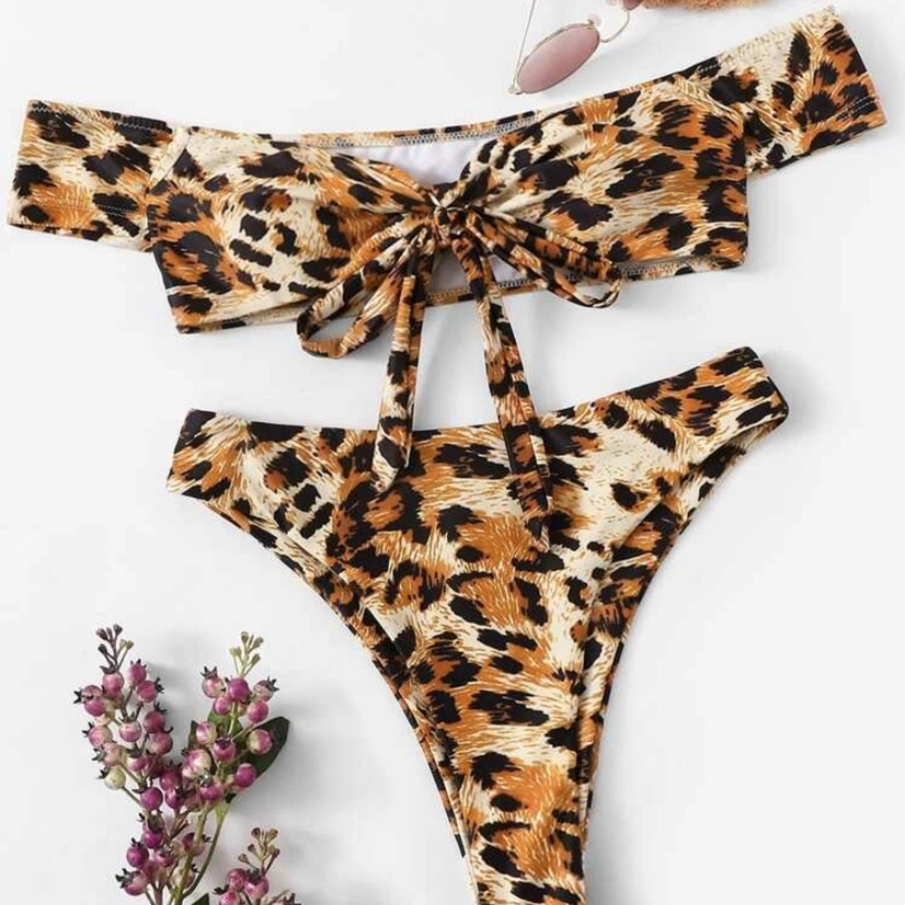 Leopard Off Shoulder Top With High Cut Bikini